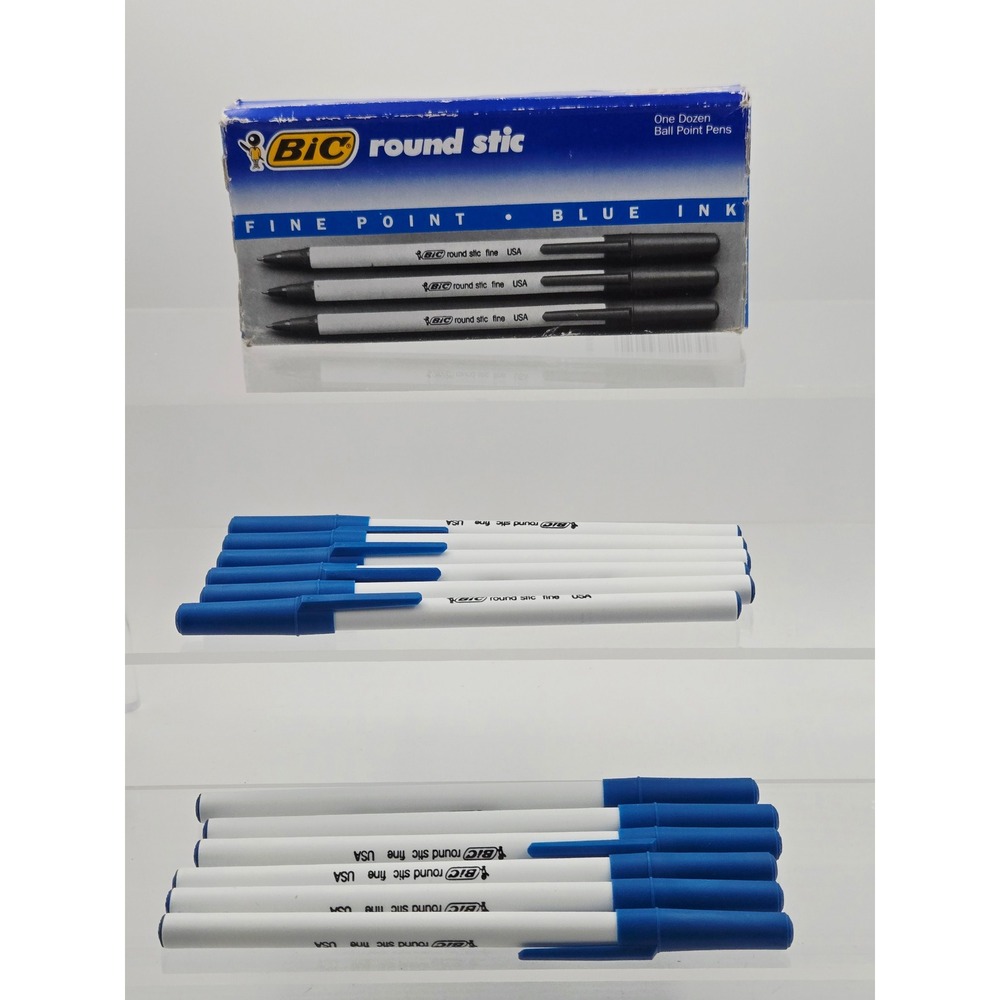 Vintage 1991 BIC Round Stic Fine Point Blue Ink Ballpoint Pens 12 Count GSF11